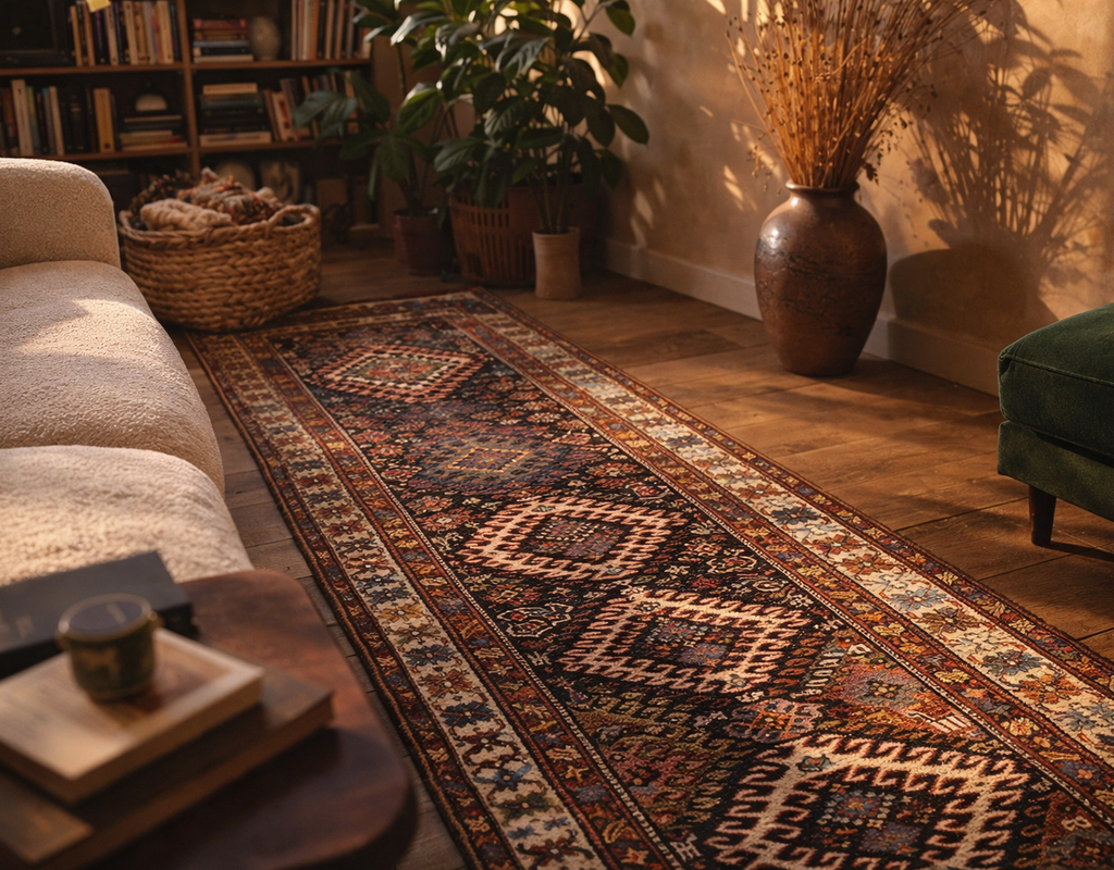 A narrow, richly patterned oriental runner rug on a wooden floor between a cream sofa and green ottoman. By rugs on net
