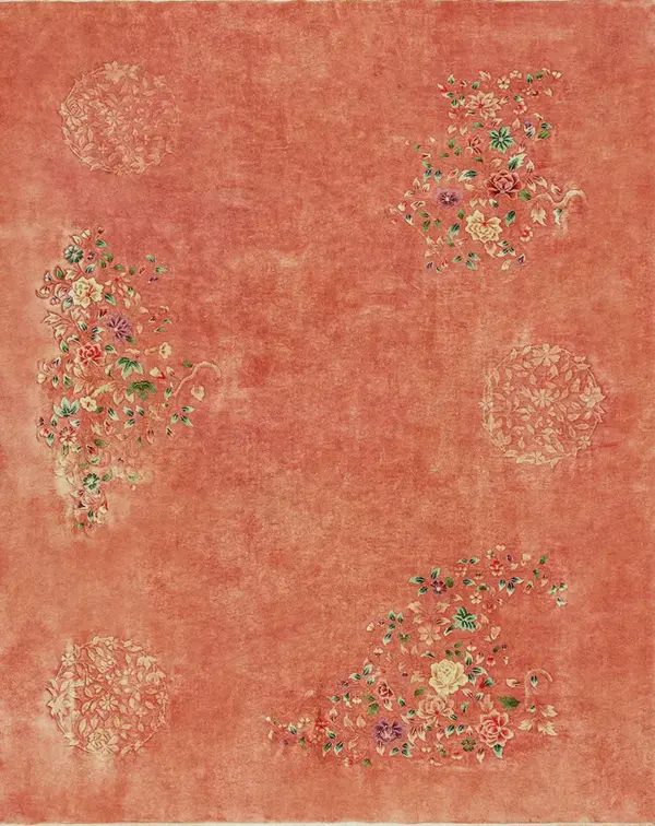 Warm coral color solid open field antique room size chinese art deco carpet by rugs on net