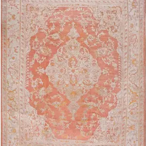 Warm Coral Color Tribal Medallion Design Antique Room Size Turkish Oushak Rug by Rugs On Net