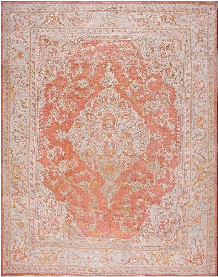 Warm Coral Tribal Medallion Design Antique Room Size Turkish Oushak Rug