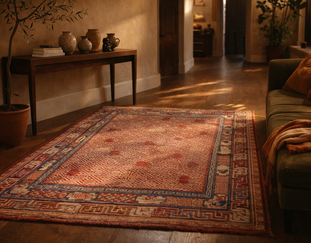 A warm, richly patterned reddish-orange oriental rug lies on dark wood floors in a sunlit, earthy living space. By rugs on net