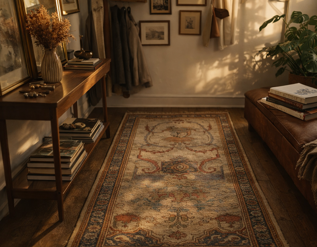 Warmly lit entryway featuring a vintage-style runner rug, wooden console, and leather ottoman. By rugs on net
