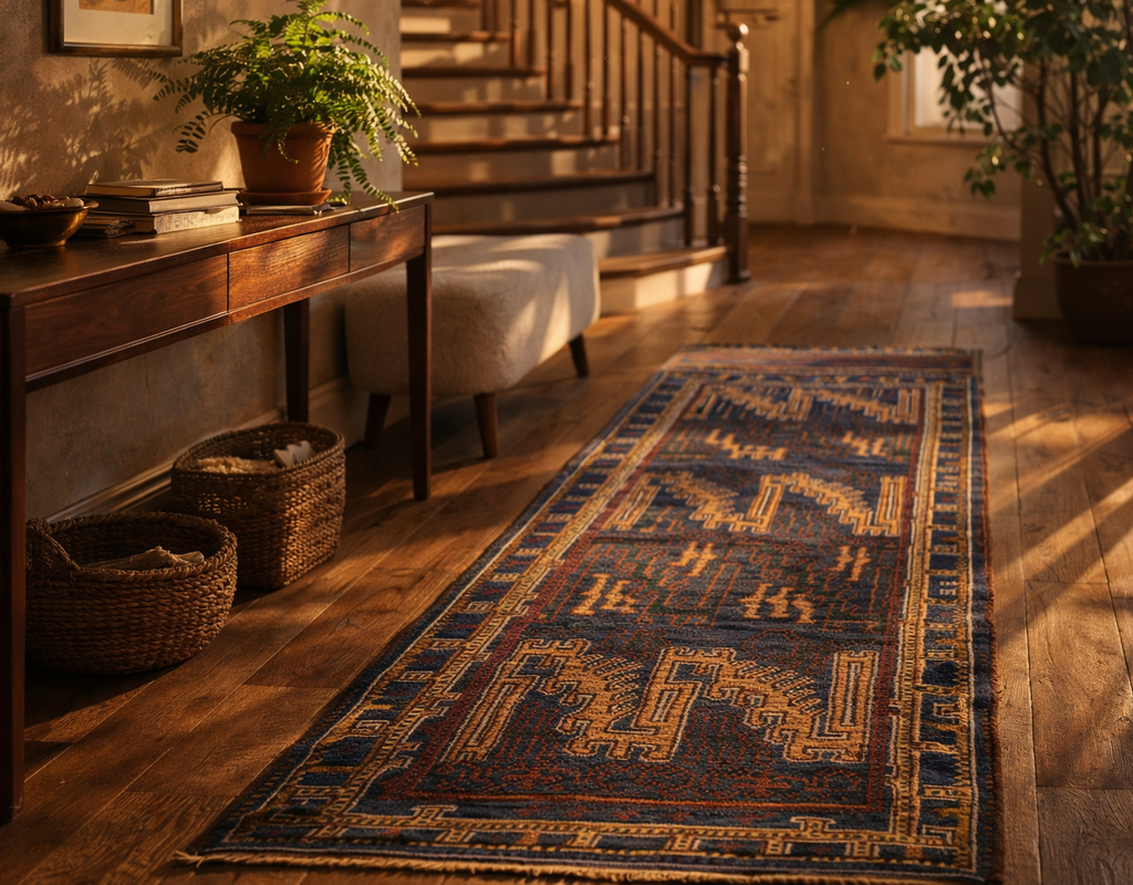 A long runner rug with deep blue and gold geometric patterns laid on a warm wooden floor in an entryway. By rugs on net