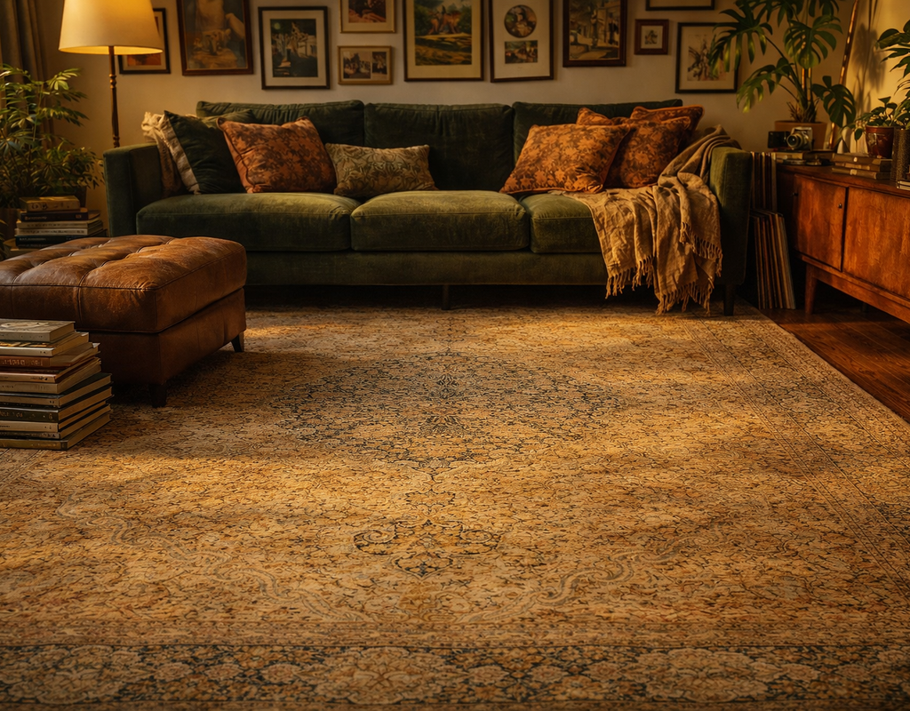 Warm, dimly lit living room with a vintage-style gold and blue patterned area rug under a green sofa. By rugs on net