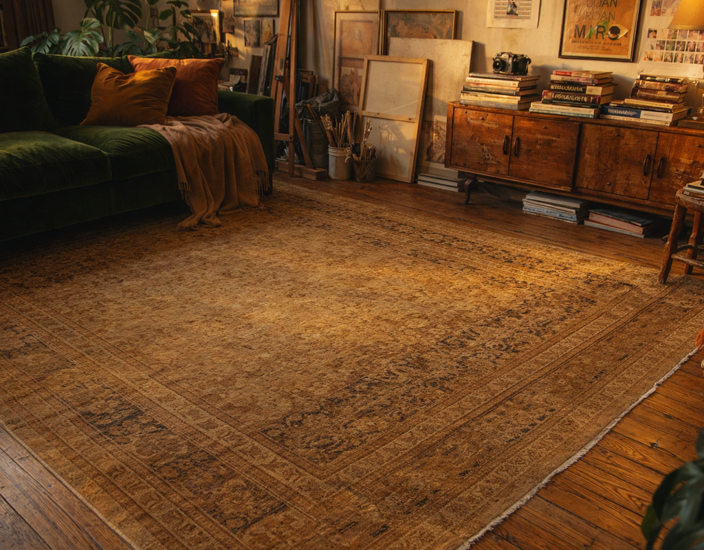 Warm, richly toned room featuring a large, faded traditional rug, a green velvet sofa, and mid-century furniture. By rugs on net