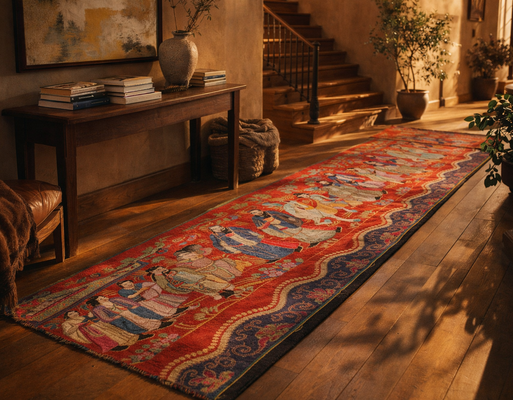 Long, vibrantly colored runner rug featuring narrative scenes down a hallway with warm wood floors. By rugs on net