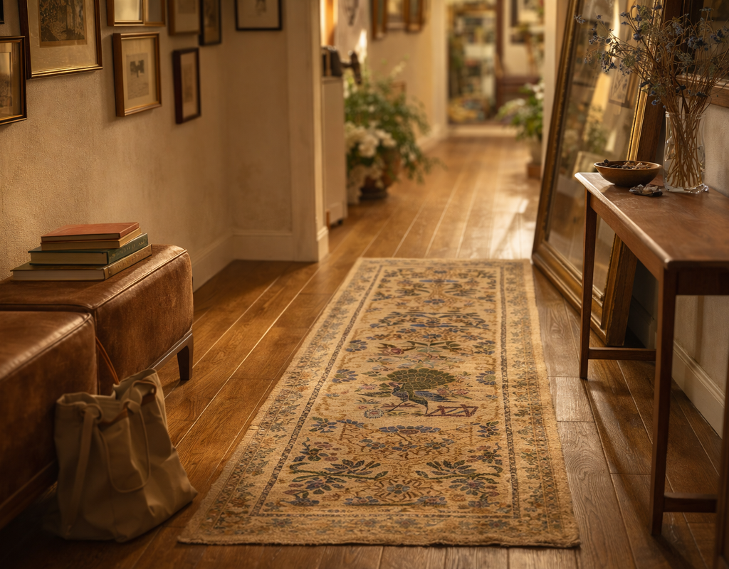 Warmly lit hallway featuring hardwood floors and a beige runner rug with blue and green floral patterns. Peacock designs by rugs on net