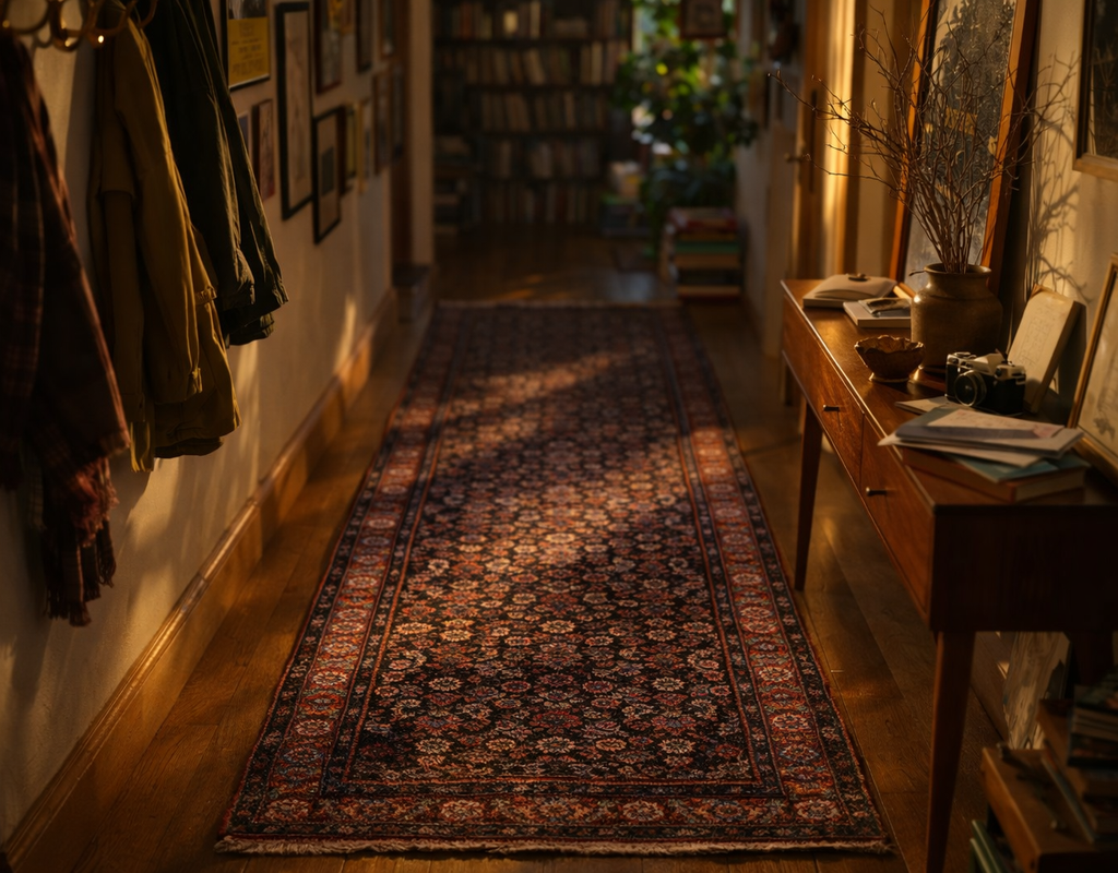 A long, richly patterned runner rug in a warmly lit hallway leading to a bookshelf. By rugs on net