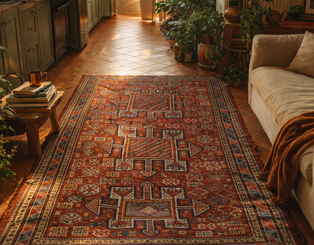 A long, richly colored antique runner rug with geometric patterns in a sunlit space with green cabinetry and plants. By rugs on net