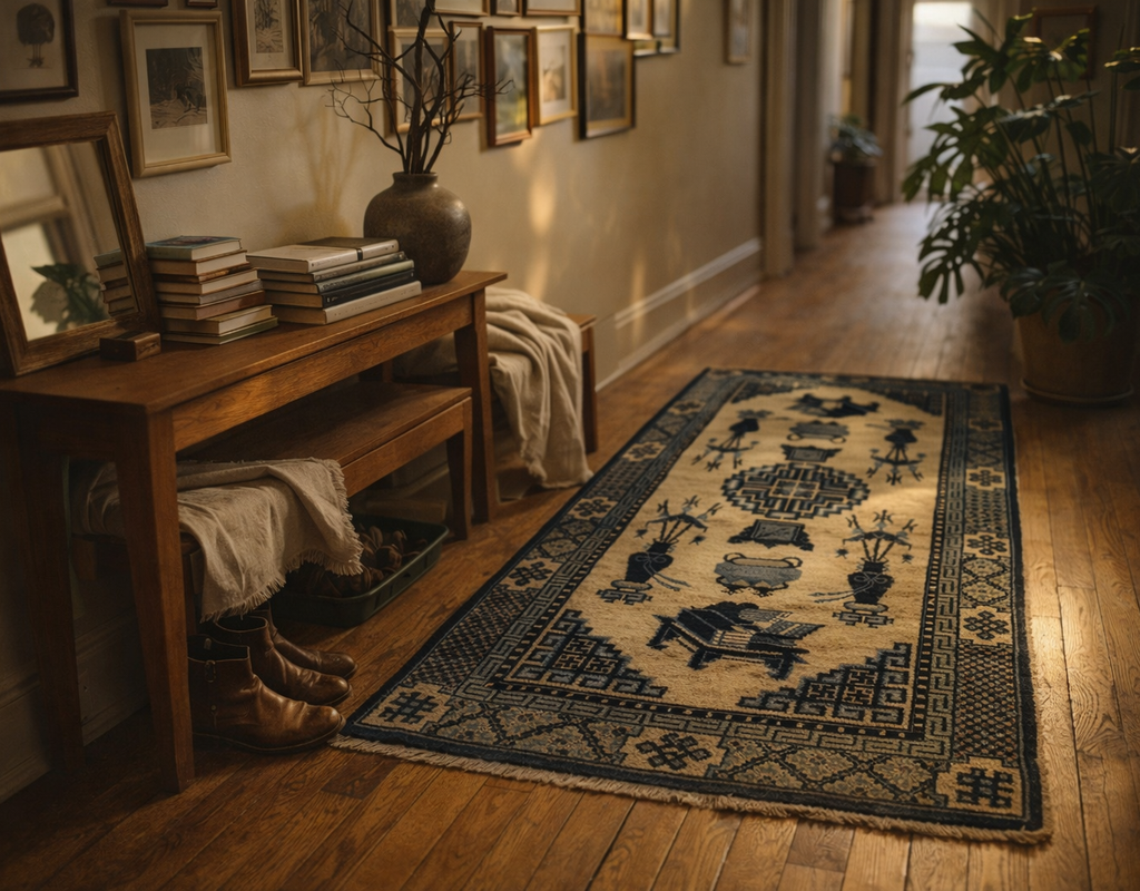 Warmly lit hallway featuring a wooden console table, gallery wall, and a cream and blue geometric runner rug. By rugs on net