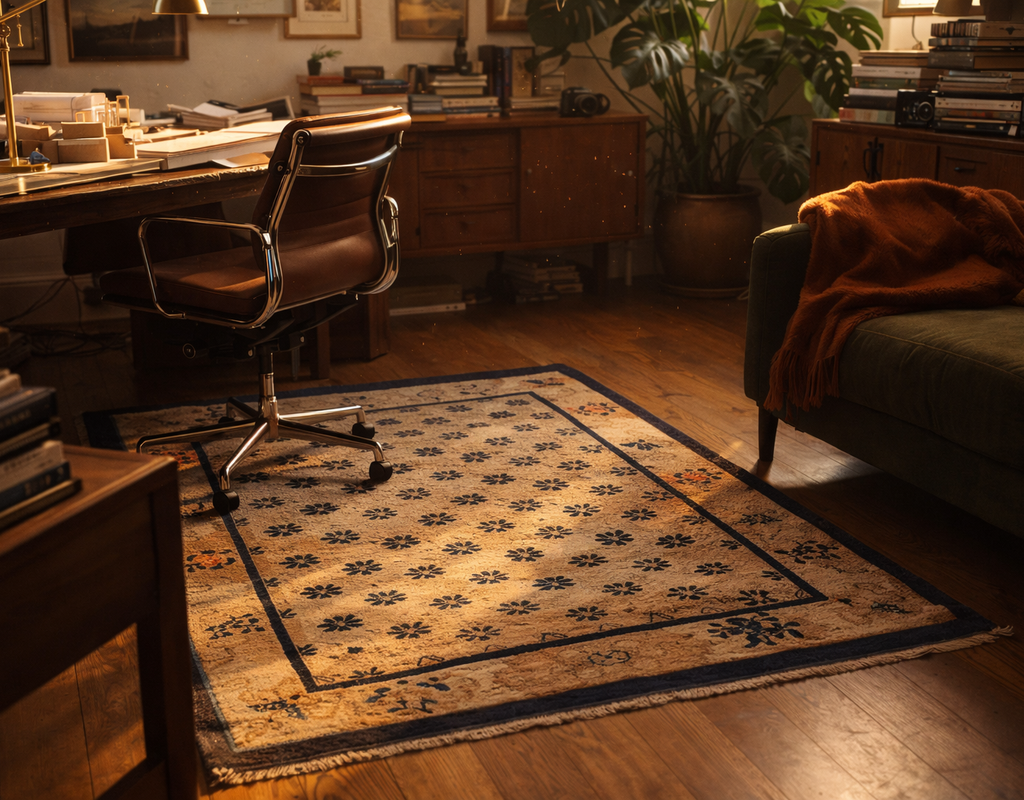 A patterned, aged area rug anchors a warm, dimly lit home office featuring a leather executive chair and a green sofa. By rugs on net