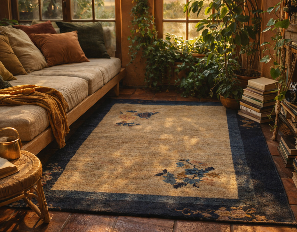 A golden-toned rug with blue floral motifs and a dark border anchors a cozy, plant-filled reading nook. By rugs on net