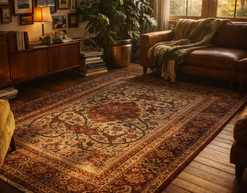 Warm living room with a traditional persian rug, leather sofa, and mid-century modern sideboard. By rugs on net