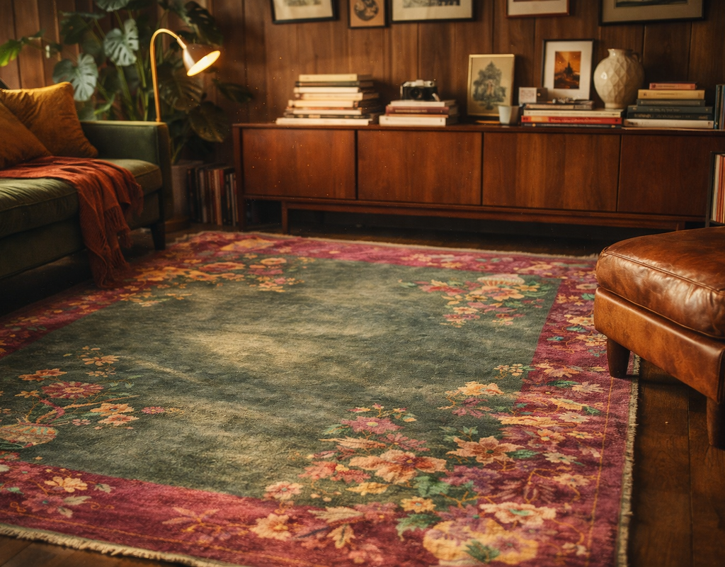 Ornate floral rug with a dark teal center and magenta border anchors a cozy, mid-century modern living space. By rugs on net