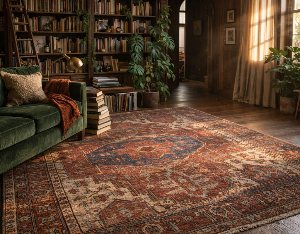 A warm, moody library setting featuring a richly colored, distressed traditional rug and a green velvet sofa. By rugs on net