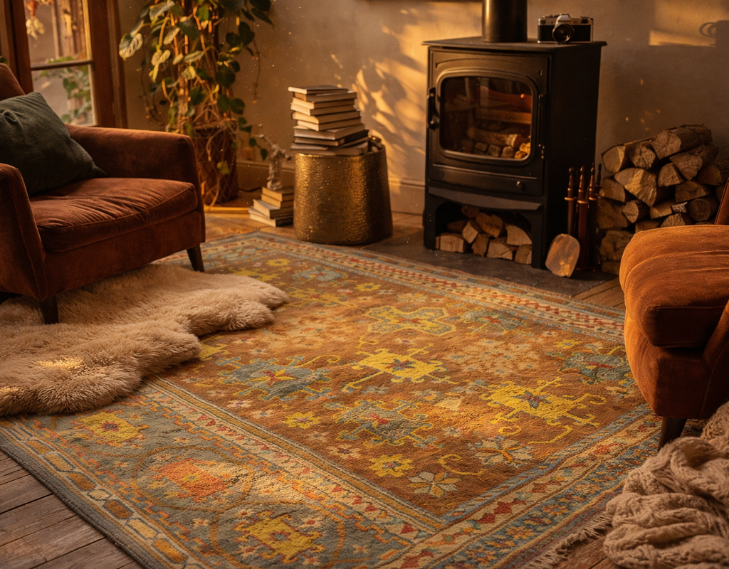 Warm, cozy living room with a richly patterned, distressed orange and blue rug by a black wood-burning stove. By rugs on net