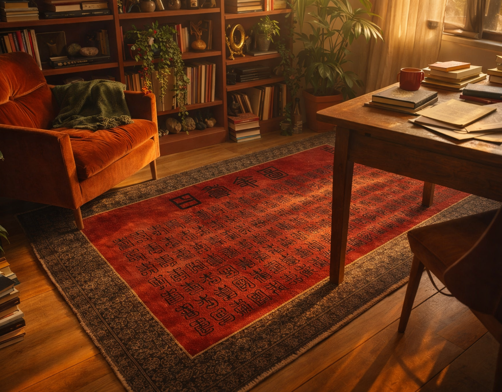 A warm, cozy study features a vibrant red rug with black asian calligraphy under an orange armchair and wooden desk. By rugs on net