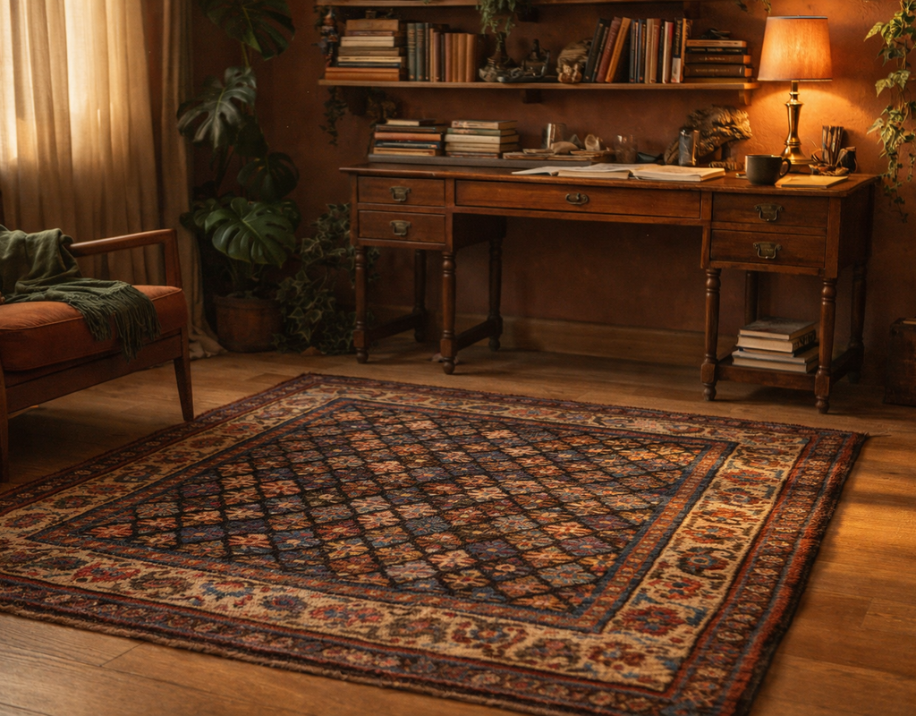 Dark, richly patterned traditional rug grounding a cozy study with antique wooden furniture and warm lighting. By rugs on net