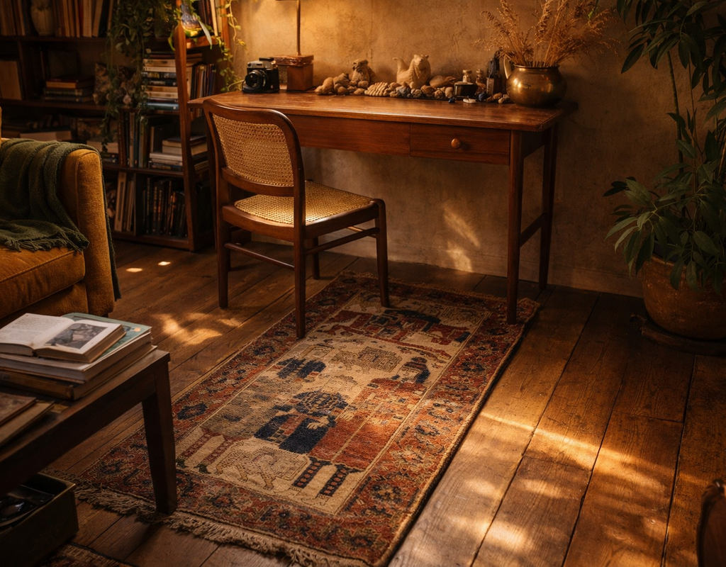 A richly colored, vintage runner rug with figural designs sits on dark wood floors in a cozy, warmly lit study. By rugs on net