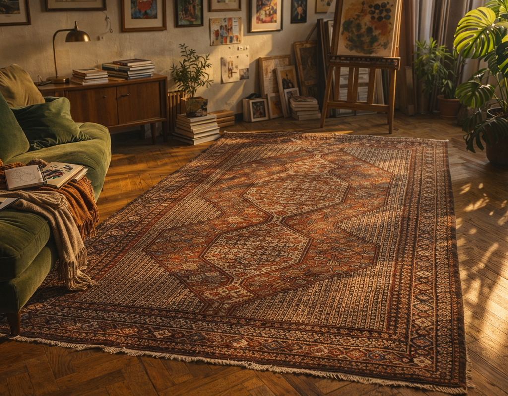 An ornate, traditional area rug in warm oranges and browns anchors a cozy, sunlit room with a green velvet sofa. By rugs on net