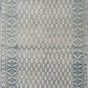 White and Pale Light Blue Color Antique Indian Allover Floral Grid Pattern Cotton Agra Rug by Rugs On Net