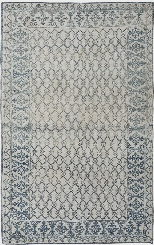White and pale light blue color antique indian allover floral grid pattern cotton agra rug by rugs on net