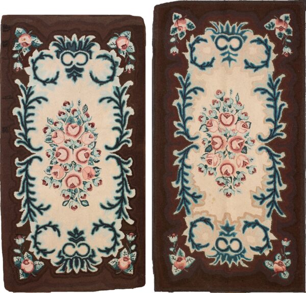 1930s ivory american hooked rug featuring a central rose bouquet and scrolling foliage frame rug by rugs on net