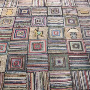 Patchwork rug featuring striped and concentric square blocks with folk art motifs like a rocking horse and lamp, by Rugs On Net