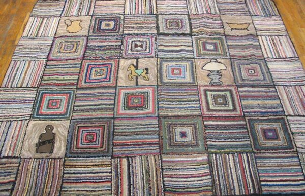 Patchwork rug featuring striped and concentric square blocks with folk art motifs like a rocking horse and lamp, by rugs on net