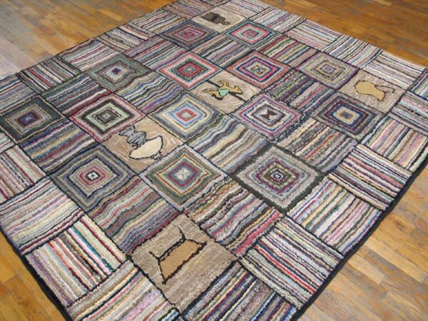 A colorful, square patchwork rug with diamond patterns and small pictorial elements on a wooden floor, by rugs on net