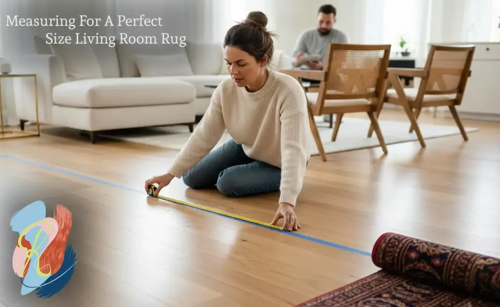 A woman measuring her living room before shopping for her living room rug by rugs on net
