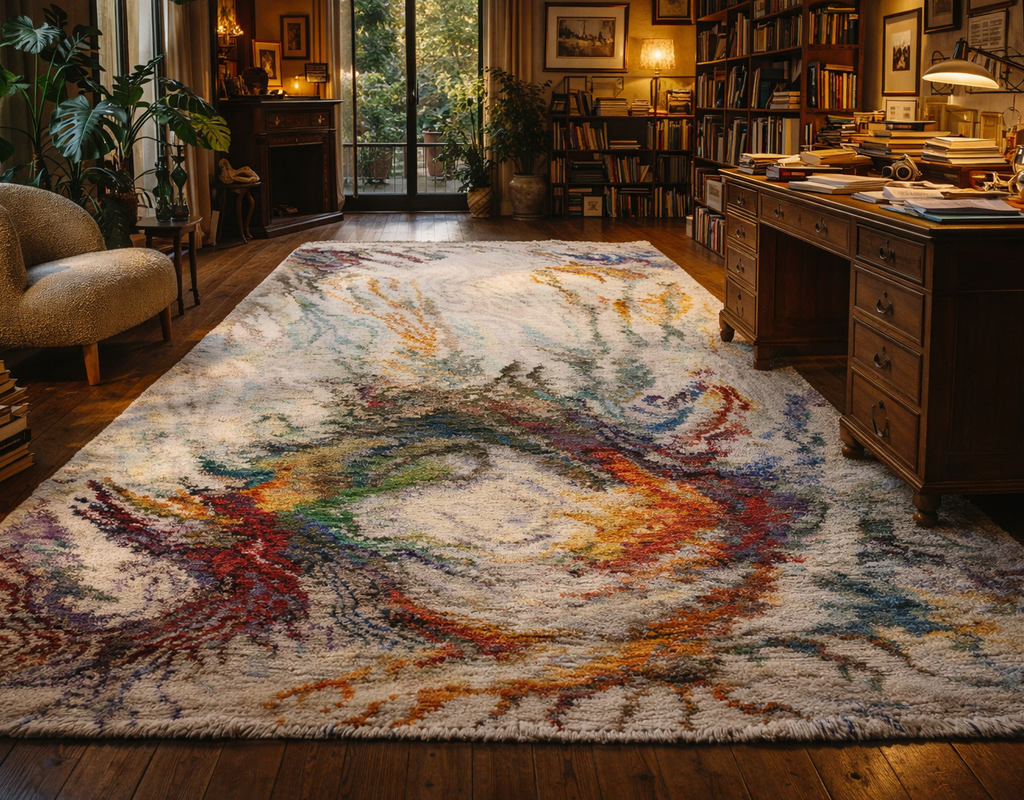 A large abstract colorful rug with swirling patterns in a warm, wood-filled home study with books and plants. By rugs on net