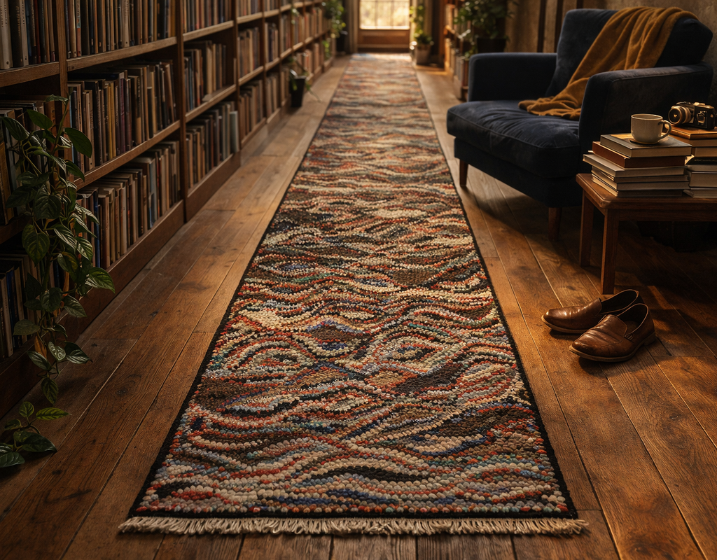 Long abstract runner rug in a cozy wood-paneled library with floor-to-ceiling bookshelves and a blue velvet chair. By rugs on net