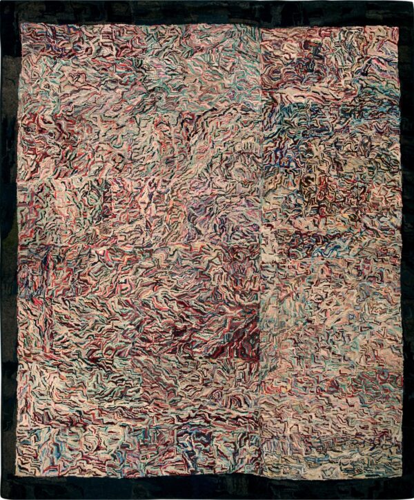 American hooked rectangle rug with abstract curvilinear pattern and multicolor jewel tones wool & cotton rug by rugs on net