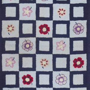 American Hooked Wool Rectangle Circa 1930 with Stylized Floral Motifs and Navy Blue and Pale Gray Accents Rug by Rugs On Net