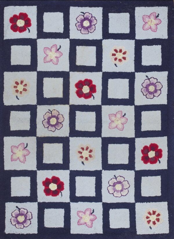 American hooked wool rectangle circa 1930 with stylized floral motifs and navy blue and pale gray accents rug by rugs on net