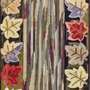 American USA Hooked Wool Jewel Tones Rectangle Autumnal Leaf Border Runner Rug by Rugs On Net