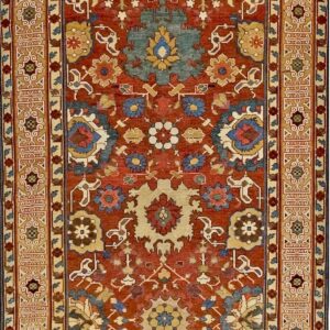 Antique 1825 Kuba Hand Knotted Wool Runner with Rust Red Field and Geometric Panel Border Rug by Rugs On Net