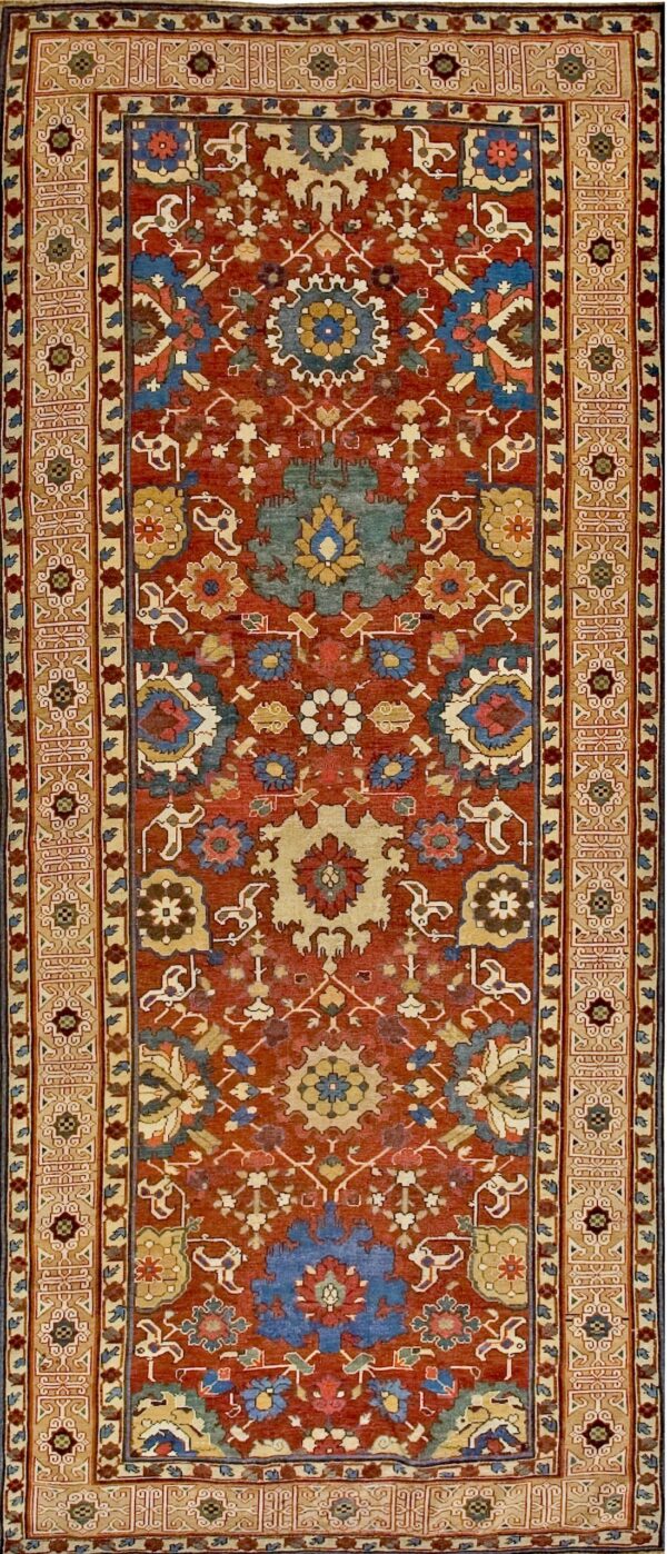 Antique 1825 kuba hand knotted wool runner with rust red field and geometric panel border rug by rugs on net