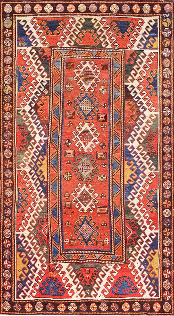 Antique 1870 hand knotted wool kazak rug with three stepped diamond medallions and rust and navy blue contrast rug by rugs on net