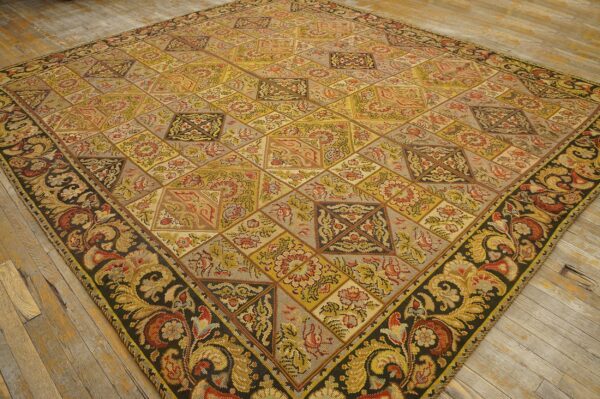 A close-up view of the intricate diamond pattern on the antique tapestry rug by rugs on net. By rugs on net