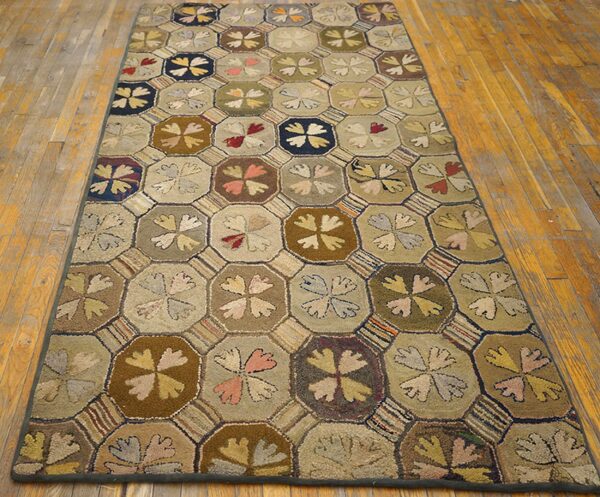 Neutral earthy color antique geometric american folk art design hooked rug - image 2