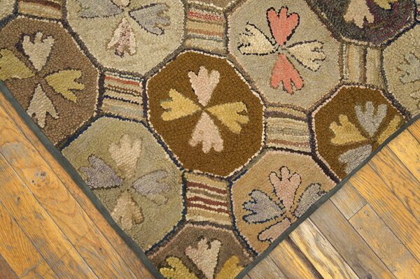 Neutral earthy color antique geometric american folk art design hooked rug - image 6