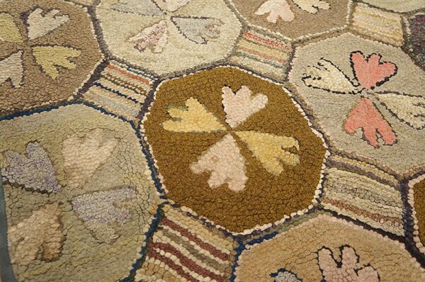 Neutral earthy color antique geometric american folk art design hooked rug - image 3