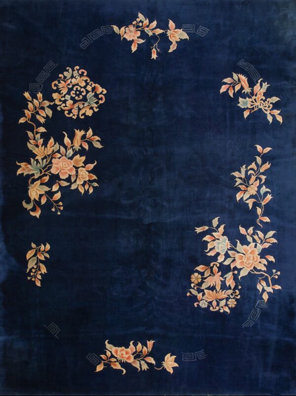 Floral design on dark blue background antique chinese art deco rug 8' 10" x 11' 9"