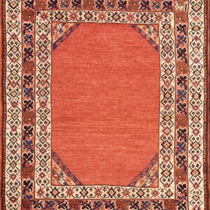 Antique Caucasus Kazak Circa 1900 Rust Red Hand Knotted Wool with geometric diamond guard bands Carpet by Rugs On Net
