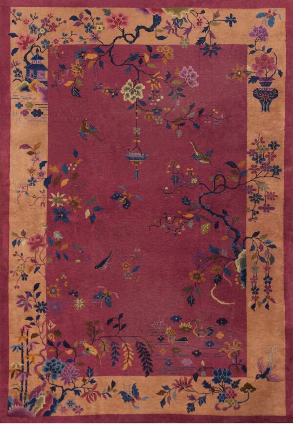 Floral pattern on rich burgundy background 1920s chinese art deco carpet