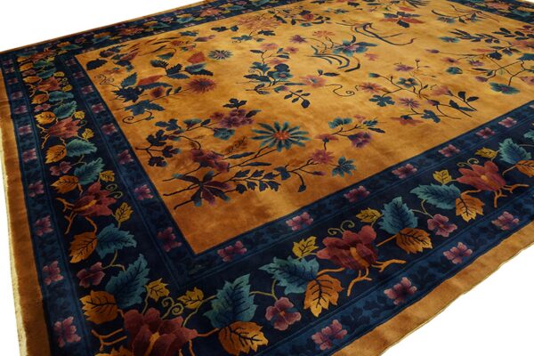 Antique yellow gold color floral room size chinese art deco carpet - image 3