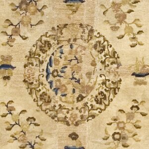 Close-up of a beige rug with faded brown and blue medallion details, by Rugs On Net