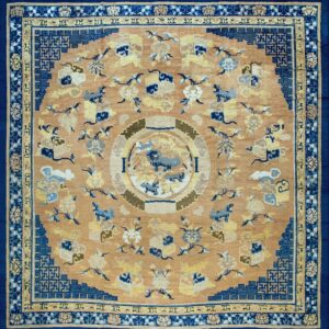 Antique Chinese Lions Food Dogs Design Square Room Size 18th Century Ningxia Rug by Rugs On Net
